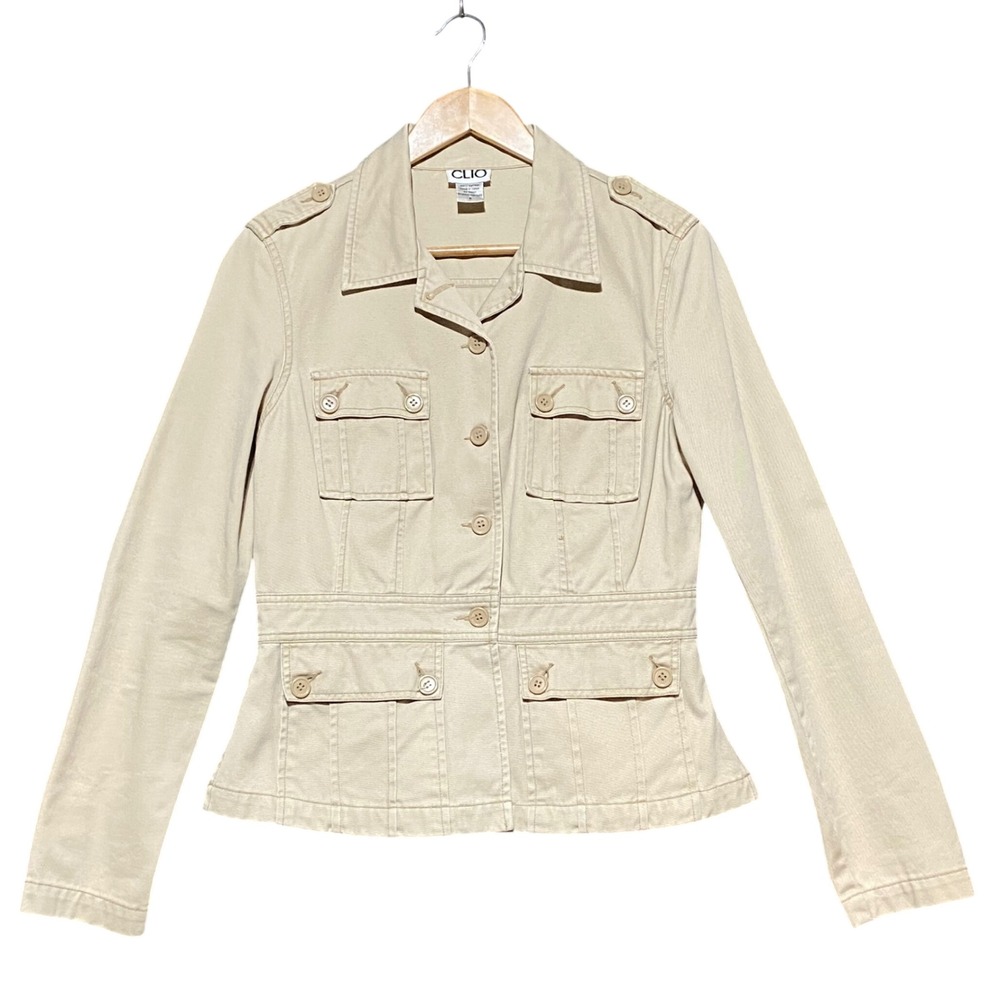 Clio Womens‎ Khaki Cotton Utility Safari Jacket Tan Button Front Peplum Size 6